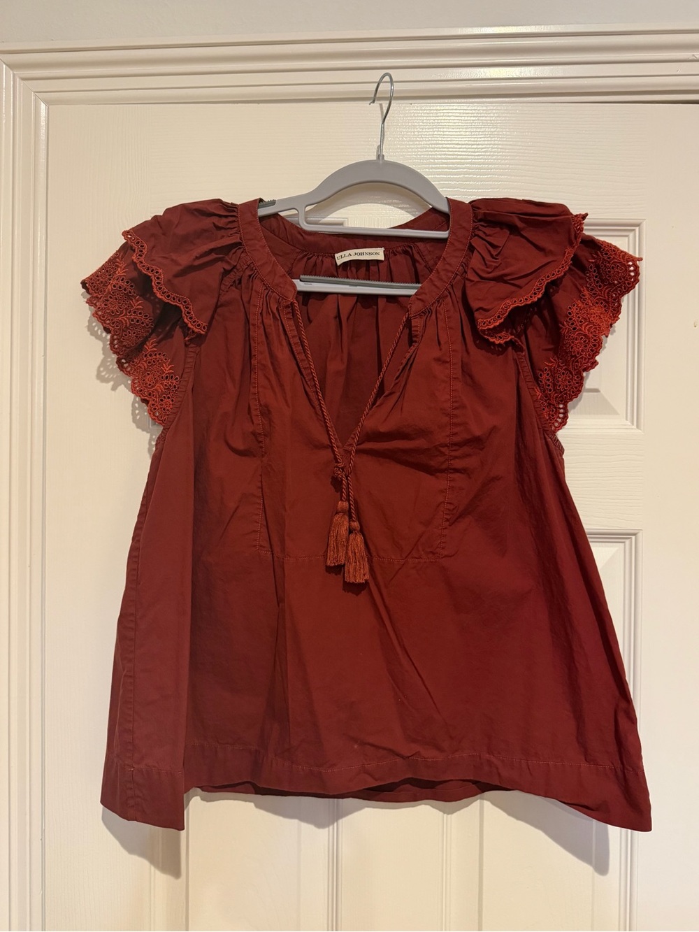 Ulla Johnson Rust Red Tassel Tie-Neck Lace Sleeve Blouse